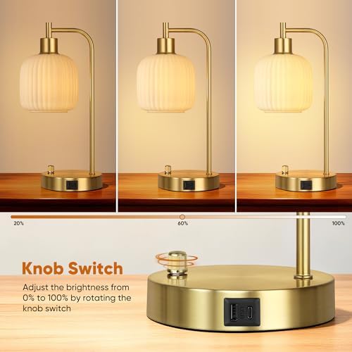 Cream Glass Table Lamps Set of 2, Dimmable Bedside Lamps for Living Room - Image 2