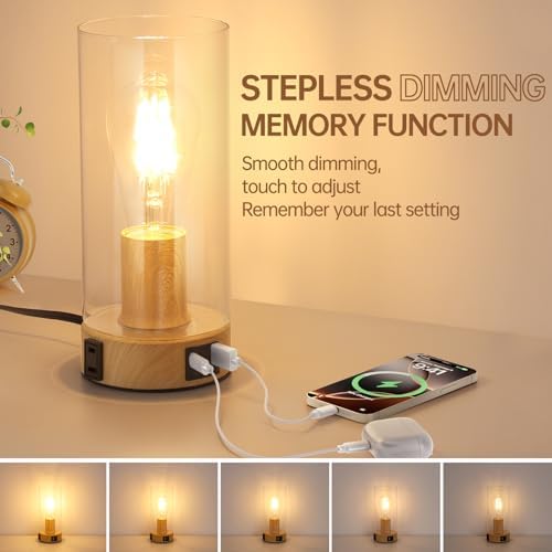 Touch Control Bedside Lamp with Charging Station，Wood Metal Small Lamp - Image 6