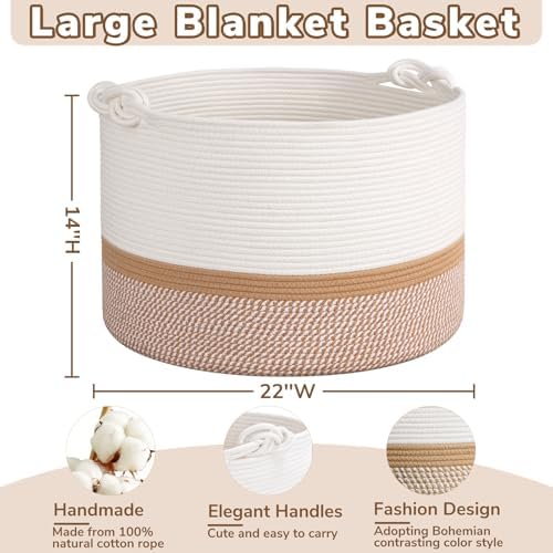 CherryNow 22"x22"x14" Large Blanket Basket, Home Décor for Living Room Bedroom, Cotton Rope Laundry Basket for Clothes Pillows, Baby Fall Decorations for Home Toy Storage, White & Camel - Image 4