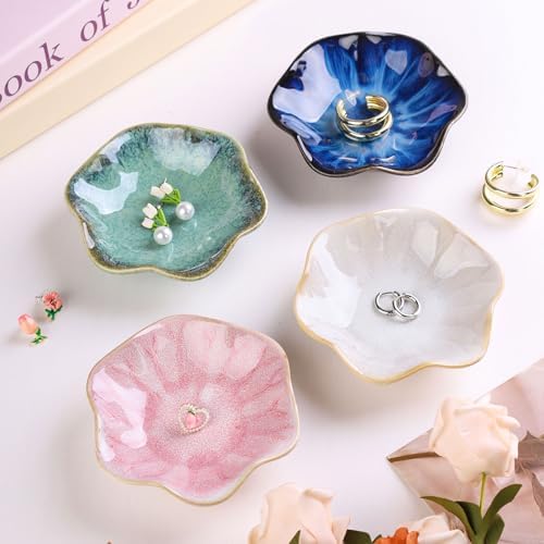 WHJY 2 Pack Ceramic Jewelry Dish 4.3 Inch Ring Holder for Women Decorative Lotus Flower Trinket Tray for Room Decor Green and Blue Vanity Storage for Ring Earring Necklace - Image 4