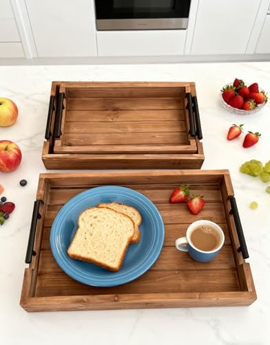 3Pcs Nested Vintage Wood Serving Tray Set, Coffee Table Ottoman Decor Trays - Image 5