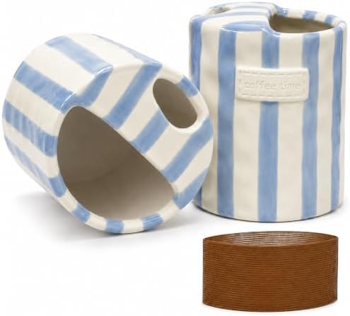 Ceramic Coffee Mug with Sip Hole 12oz, To Go Ceramic Mug Striped by KOIMYSA