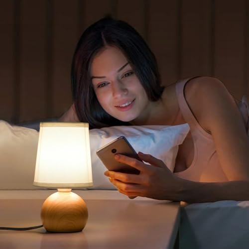 Modern Bedside Table Lamp, Small Bedside Lamp, Nightstand Lamp for Bedroom with Fabric Shade & Wood Finish, Minimalist Table Lamp for Living Room End Table, Kid's Room, Office, Hotel 10.6" - Image 3
