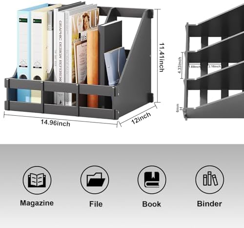 Bamboo Desk File Organizer, 3 Compartment Magazine Holder for Home Office(Black) - Image 3