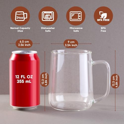 Large Glass Coffee Mugs, 24 oz Glass Coffee Cups Set of 2, Clear Borosilicate Glass Mugs with Handles for Cappuccino, Tea, Latte, Hot/Cold Beverages, Wine, Americano, Smoothies - Image 2
