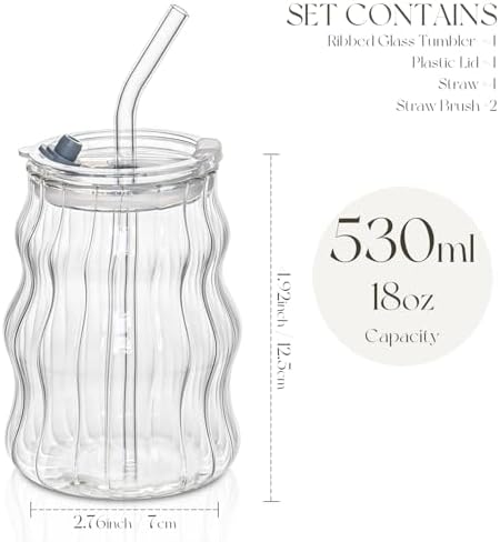KEMORELA 4PCS Ribbed Glass Cups with Lids & Straws – 18oz Vintage Wavy Coffee Cups, Bubble Glass Aesthetic for Iced Coffee, Clear Ribbed Glasses with Straws, Ideal Drinkware Set - Image 3