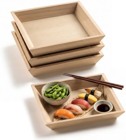 Hammont Wooden Serving Trays Set of 4, 8x8x1.2 Inches Natural Wood Serving Tray for Home Decor, Decorative Wooden Trays for Coffee Table, Ottoman, Kitchen Counter, Dining Table & Organization by Hammont