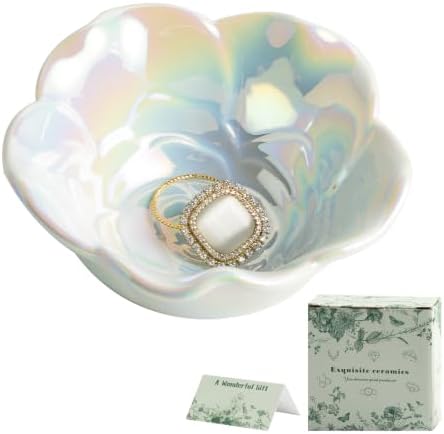 Mecaikru Ceramic Jewelry Dish, 3.5 in Flower Ring Tray, Iridescent Finish by Mecaikru
