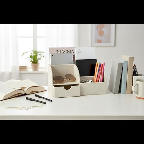 UnionBasic Desk Organizer - Multifunctional Leather Desktop Pen Holder Storage Box - Business Card/Pen/Pencil/Mobile Phone/Stationery Holder, Beige - Image 4