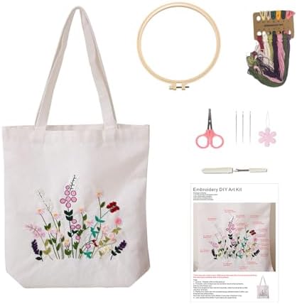 Vigdit Canvas Tote Bag Embroidery Kit for Beginners, Needlepoint Cross Stitch Kit for Adult Beginner, DIY Reusable Grocery Bags Embroidery Starter Kit with Stamped Floral Tools & Instructions by Vigdit