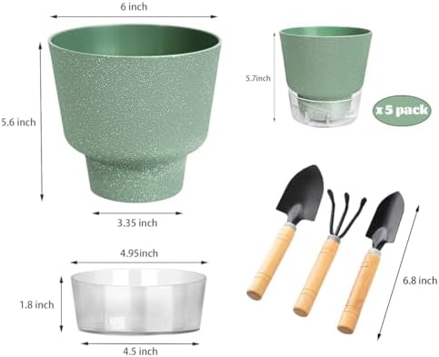 2024 Upgraded 5 Pack 6-Inch Self-Watering Planter Pots with Deep Reservoir for Indoor and Outdoor Plants with Planting Tools (Frosted Black) - Image 3