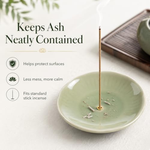 Ceramic Incense Holder Round Ash Catcher Tray, Green - Image 4