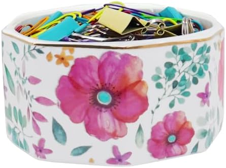 Ceramic Paper Clip Holder Gold Line Paper Clip Dispenser Organizer for Desk Cute Floral Pattern Office Binder Clip Holder Bobby Pin and Hair Clip Holder Gift for Office (Purple Red) by LEAZUL