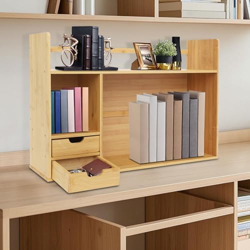 Bamboo Desktop Bookshelf with 2 Drawers, Small Bookcase for Students Study, Tow Shelves Office Desk Bookshelf Organizer, Books Paper Sorter Shelf on Desk - Image 2