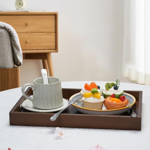 14.9''x10.2''x1.57'' Bamboo Wooden Tray with Handles, Rectangular Natural Solid Wood, Walnut Dark Brown Color Serving Tray.Suitable for Kitchen,Bedroom,Breakfast,Coffee,Decorative,Party Bars. - Image 6