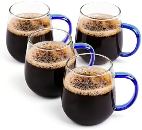 4 Pack Durable 16 oz Glass Mug with Blue Handle, Premium Glass Coffee Mugs & Glass Coffee Cup Set for Coffee Latte Espresso Daily Beverages by MAQQL
