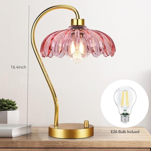 ILLMTW Pink Table Lamp Set of 2,Small Gold Bedside Lamps Dimmable Flower Bedroom Lamp with Glass Lamp Shade,Boho Vintage Mid Century Modern Mini Nightstand Lamp for Bedroom Living Room - Image 6
