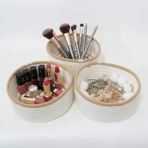 danpinera Set of 3 Small Woven Baskets, Mini Round Storage Baskets for Organizing, Decorative Boho Rope Baskets for Bathroom, Nursery, Desk, Tiny Bin for Makeup, Jewelry, Small Items, White & Jute by danpinera