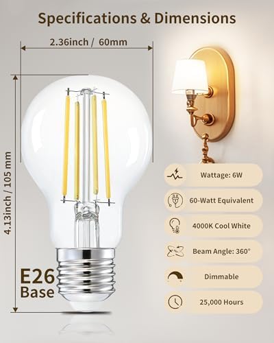 A19 Neutral White Edison Bulbs, Dimmable E26 LED 60 Watt Equivalent 6 Pack - Image 4