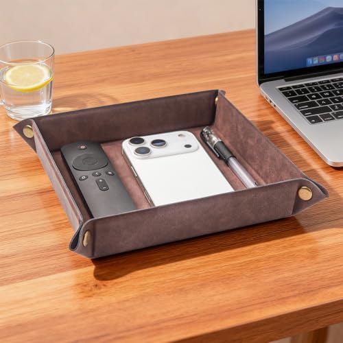Valet Tray Desktop Storage Organizer – Premium PU Leather Catchall Bedside Vanity Tray Nightstand Caddy Holder for Remote Controller, Keys, Phone, Wallet, Coin, Jewelry,Brown - Image 6