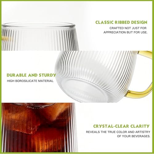 Greentainer Borosilicate Glass Coffee Mugs Set of 6, 20 oz Large Ribbed Drinking Water Glasses, Clear Tea Cups with Handle for Latte, Cappuccino, Hot/Cold Beverages, Dishwasher Safe Glassware - Image 5