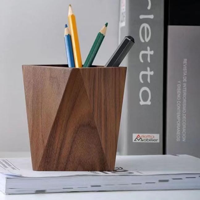 Wooden Pen Holder for Desk, Multi-Functional Pen Cup Pencil Holder for Office School Supplies Storage, Black Walnut Desk Organizer and Accessories（Prismatic） - Image 7