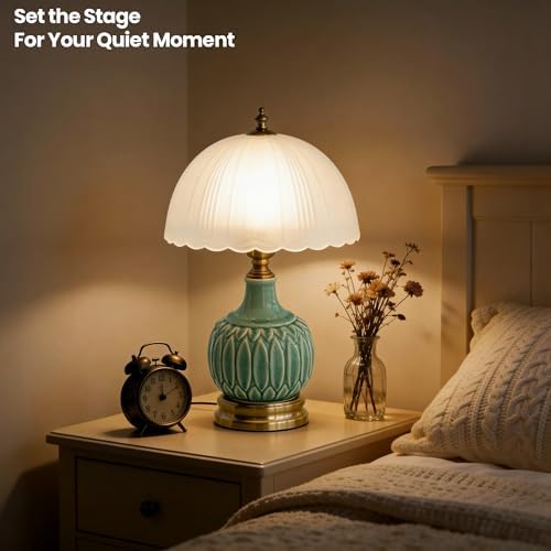 Vintage Green Ceramic Small Table Lamp with White Glass Shade - Image 3