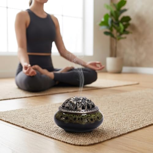Ceramic Incense Burner Set, Vintage Kiln-Changed Censer with Alloy Holder, Coil Cone Stick Incense Burner, Zen Decor for Home Meditation Yoga, with Holder, Clip & Fireproof Mat - Image 4