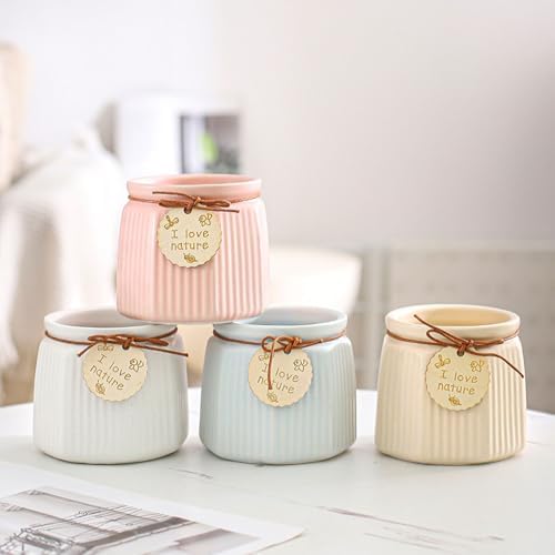 Pastel Ceramic Succulent Pots, Small Mini Flower Planter Pots with Jute Tag, Decorative Indoor Cactus Plant Container for Home Windowsill Desktop Decor (White) - Image 3