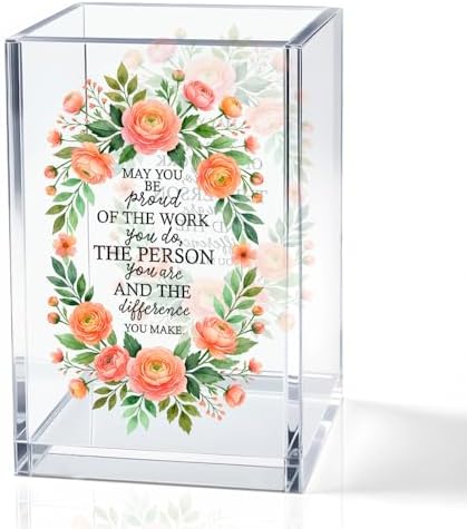 May You Be Proud Of The Work You Do Acrylic Pencil Holder Cup, Farewell Retirement Goodbye Gifts for Women, Appreciation Floral Pen Holder for Coworker Teacher Girls, Makeup Brushes Organizer by QYUVK