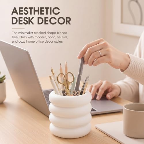 Aesthetic Desk Organizer Boho Pen Holder Modern Pencil Holder Beige Plastic Makeup Brush Organizer for Office Desk Accessories Stylish Home Office Art Decor Supplies(Wavy) - Image 5