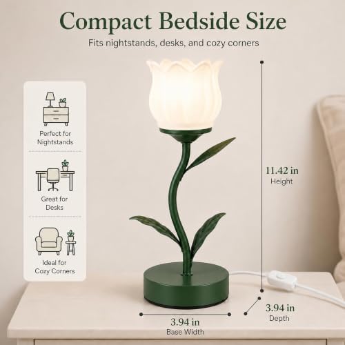 Tulip Lamp for Bedroom, Cute Flower Table Lamp with G9 LED Bulb, 3 Color Temperature Bedside Lamp, Vintage Kawaii Desk Lamp for Nightstand Living Room, Green - Image 4