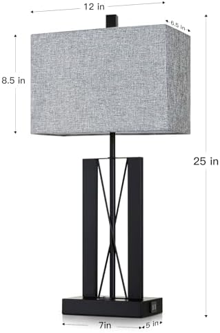 Lolikit 25" Table Lamps Set of 2, Modern Table Lamp for Living Room with 2 USB Charging Ports, Nightstand Geometric Industrial Bedside Lamp with Gray Shade for Bedrooms End Table Decor, Bulbs Included - Image 7
