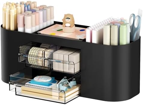 Marbrasse Desk Organizer Pen Holder with 3 Drawers, Multi-Functional Pencil Holder,Desk Organizers and Accessories with 7 Compartments for Home, School, Classroom (Black) by Marbrasse