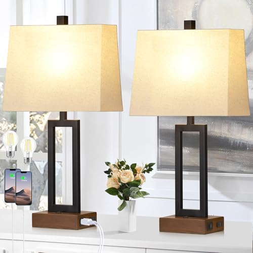 Lolikit Table Lamp for Bedroom Set of 2 with 2 USB Ports and AC Power Outlet, 23.5" Modern Bedside Lamp, Wood Nightstand Lamp with Linen Shade for Living Room Hotel Desk(LED Bulb Included) by Lolikit