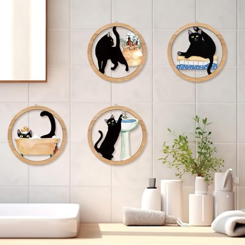 HPNIUB Funny Bathrooms Wall Decor, Black Cats In the Bath Wood Sign, 4 Pieces 10''x10'' Farmhouse Wooden Hanging Sign for Toilet Powder Room Restroom Wall Decoration, Lovely Cat Gifts - Image 3