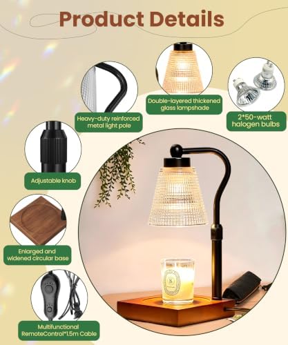 Height Adjustable Candle Warmer Lamp with Timer, 3 Dimmable Wax Melt Warmer, Birthday Gifts for Women Mom, House Warming Gifts New Home Decor, Candle Warmer for Jar Candles with 2 Bulbs, Black-Clear - Image 5