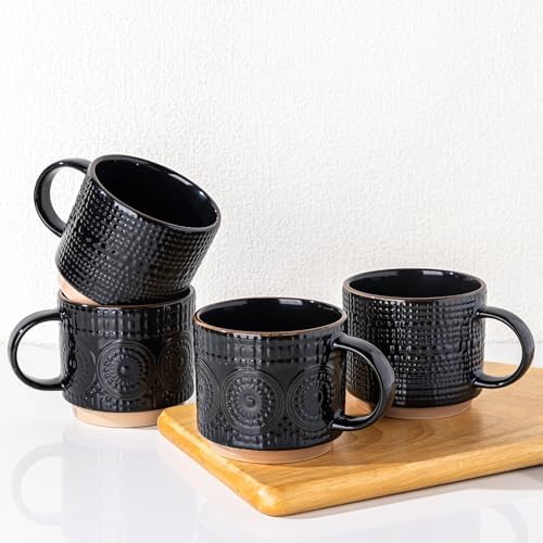 GBhome 12OZ Stackable Coffee Mugs, Ceramic Coffee Mugs with Texture Patterns for Man,Woman,Dad,Mom, Modern Coffee Mugs Set of 4 for Latte/Cappuccino/Cocoa. Dishwasher&Microwave Safe by GBhome