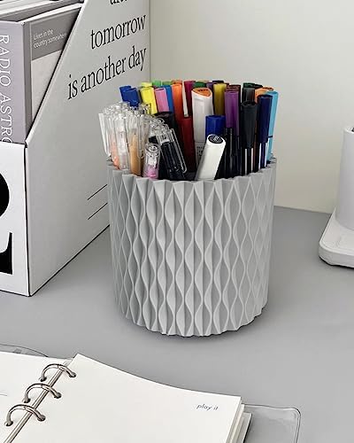 Lebenrich Rotating Pen Pencil Holder for Desk, 5 Slots Unique Grey Desk Pen Organizer Easthetic Desktop Supplies and Accessories for Women Girls, Pen Cup Pencil Caddy for Office Home Art Supply - Image 2