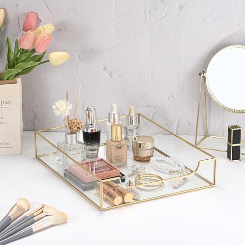 BTSKY 2 Pack Golden Glass Desk Tray, Multi-Purpose Organizer for A4 Paper, Documents, Desk Supplies, Makeup, Clear File Tray with Metal Frame, Stackable Decorative Storage for Home Office Vanity - Image 6