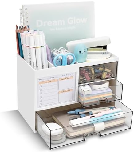 QIYVLOS Desk Organizer with 3 Drawer, Multi-Functional Pencil Pen Holder for Desk, Desk Organizers and Storage with 8 Compartments, Desktop Organizer for Office Home Art Supplies (White) by QIYVLOS