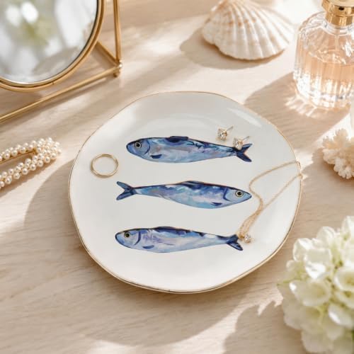 Whaline Sardines Ceramic Jewelry Tray with Gold Rim Small Decorative Trinket Dish Ocean Fish Key Tray for Rings Earrings Necklaces Bracelets Watch Keys Women Bathroom Dresser Table Countertop - Image 5