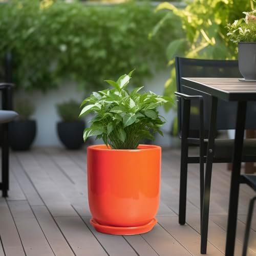 Indoor Planter 10 Inch - Ceramic Plant Pot with Drainage Hole and Saucer, Modern Decorative Round Planter for Indoor Outdoor Plants, Housewarming Gifts, Home Garden Office Decor, Orange - Image 4