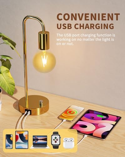 ONEWISH Industrial Table Lamp Set of 2 with USB A&C Charging Port, Stepless Dimmable Nightstand Bedside Lamps for Bedroom,Desk Lamps with 2700K Gold Gradient Bulb for Reading Living Room - Image 2