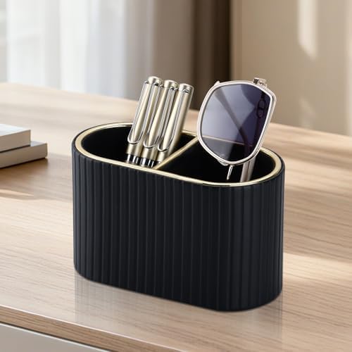 KINGFOM PU Leather Desk Organizer Pen Holder – Dual-Compartment Stylish Pencil Cup Remote Control Holder Desktop Supplies and Accessories Organizer Caddy for Office Home School (Black) - Image 5