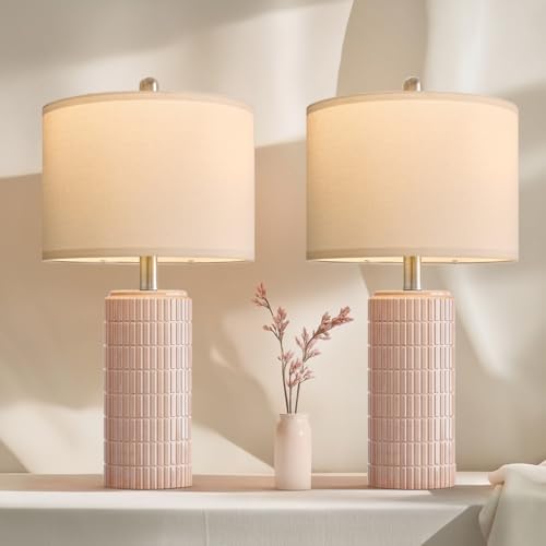 PoKat 23" Pink Ceramic Table Lamps Set of 2, Modern Bedroom Lamps for Girls Room, Bedside Lamps for Night Stands, Cute Lamps for Living Room Decor, Nightstands Desk Lamp, Pink by Pokat