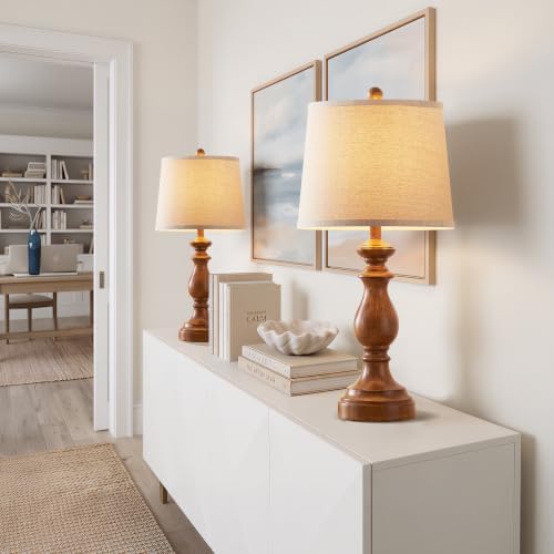 PARTPHONER Traditional Table Lamp Set of 2, Rustic Farmhouse Table Lamps for Living Room Bedroom, 27" Bedside Desk Lamps Vintage Nightstand Lamps with Linen Shades, Wood Grain - Image 6