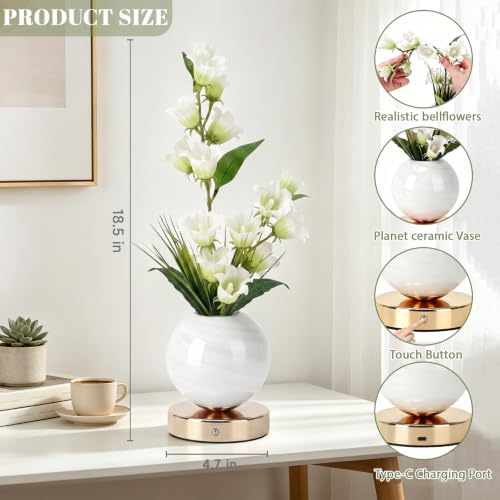 White Bellflower Flower Lamp, Rechargeable Cordless LED Floral Table Lamp - Image 6