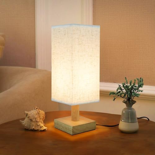 Small Bedside Table Lamp for Bedroom, Minimalist Nightstand Lamp with Square Fabric Linen Shade, Mini Cute Study Reading Desk Lamp Night Table Lamp for Living Room,Nursery, Home, Office,4.3in by SEENSINY