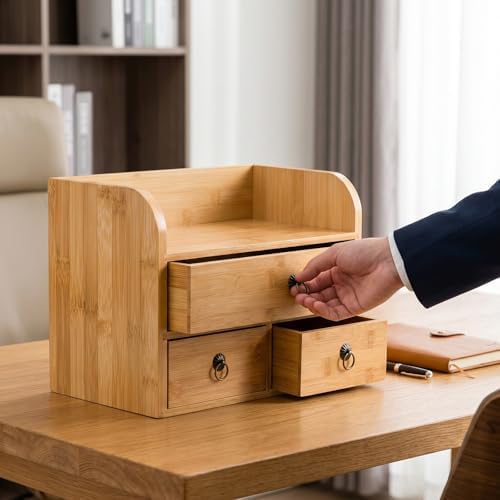 Nicunom Bamboo Desk Organizer, 3-Tier Bamboo Tabletop Storage Organization Multifunctional Desktop Organizer with Drawers for Home Office Toiletries Supplies Vanity - Image 2